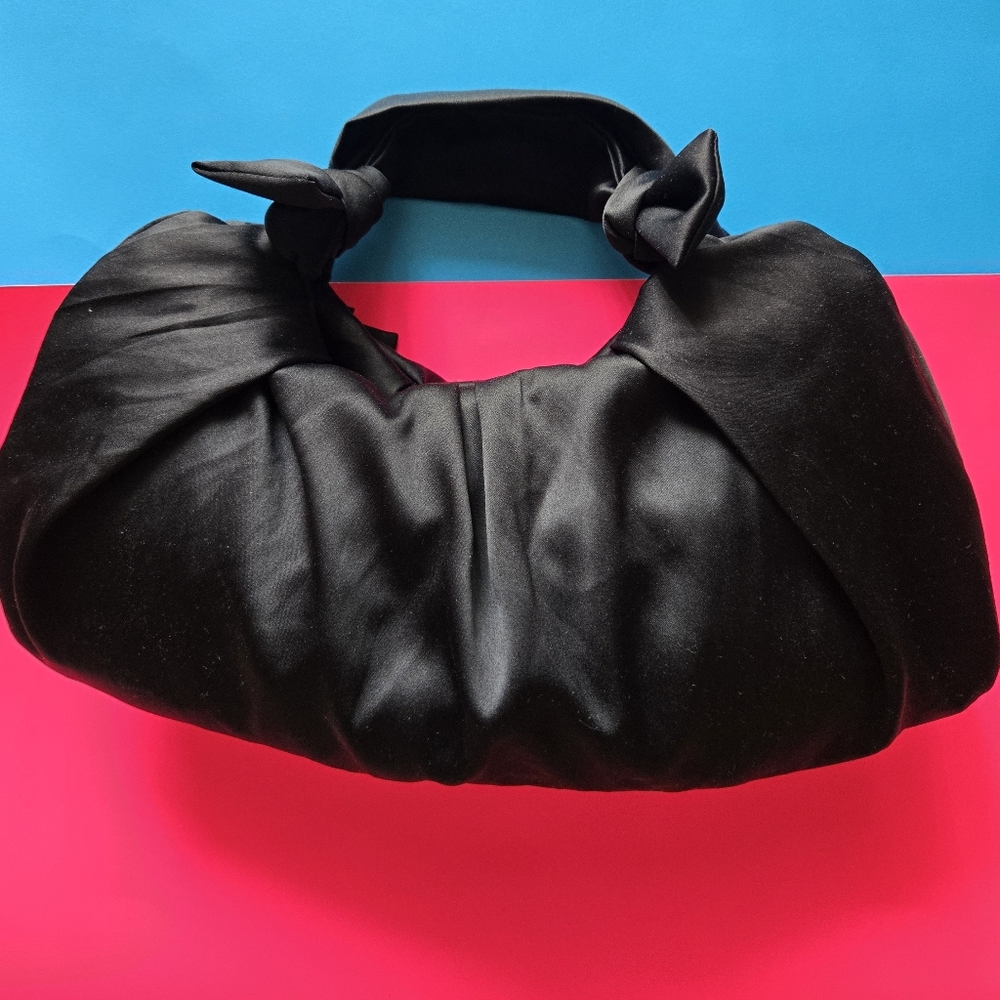 Black Satin Soft Pouchett Knotted Handle Bag